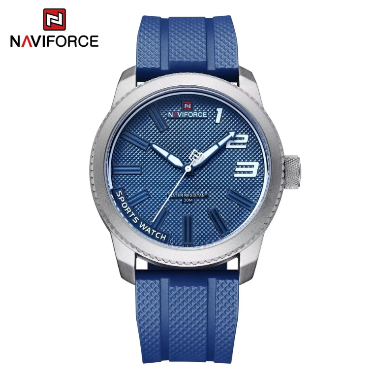 6 Cassa in argento Quadrante blu Cinturino in PU blu