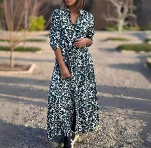 Vestido Camisero Largo para Mujer, con Estampado Digital de Bloques de Color, Ecológico, Lavable, de Manga Larga y Botones - Product Image 3