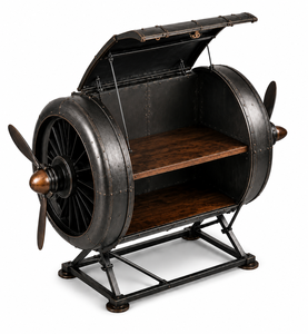 Meuble de bar industriel en forme de baril, style rustique, en métal et bois, avec porte-bouteilles et étagères à verres - Product Image 4