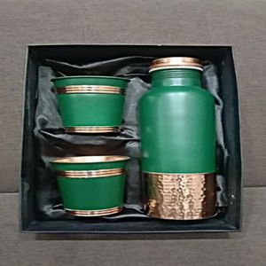 Green Copper Luxury Double Wall Water <b>Bottle</b> & Tumbler Gift Set with Metal Coaster for Home & Office-Indian Home Crafts - Product Image 1