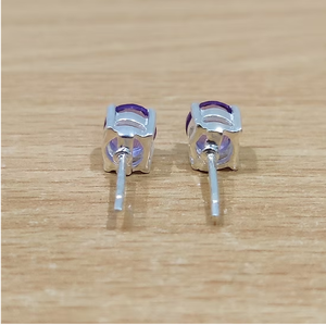 Dainty Sterling <b>Silver</b> 925 Earrings With Amethyst Gemstone <b>Small</b> Round <b>Studs</b> Trendy Jewelry For Wedding Party Wear - Product Image 2