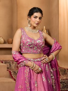 Rani Pink Tissue <b>Lehenga</b> Choli with Zari Embroidery Dupatta Set for Women Wear Sleeveless Floor-Length - Product Image 2