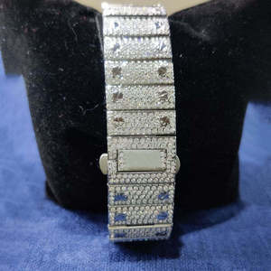 Montre analogique de haute qualité en acier inoxydable avec verre carré, sertie de moissanite, style hip-hop, chiffres bleus - Product Image 4