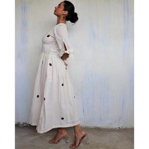 Vestido Mini de Algodón Tejido a Cuadros Blanco para Mujer, Cuello en V, Manga Abullonada, Ecológico, Lavable, Estilo Bohemio, Cintura Natural, para Verano - Product Image 2