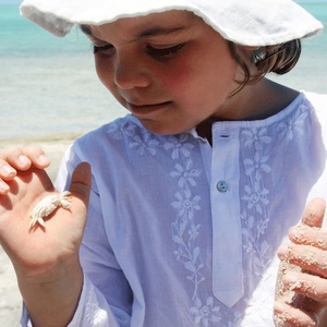 Beautiful Hippie Chic White 100% Fine Cotton Summer Long Sleeves & Loose Fitting Kaftan Or Top Having Amazing Flower Embroidery - Product Image 4