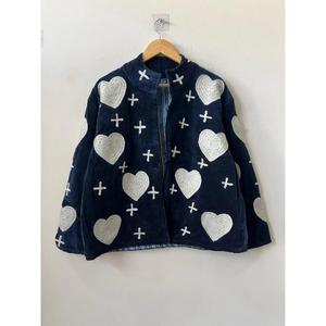 Navy Cotton Knitted Heart Embroidered Handmade Suzani Boho Ethnic Autumn Reversible <b>Jacket</b> Customizable Gift for <b>Women</b> - Product Image 1