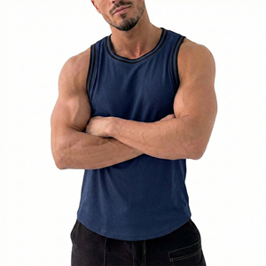 Custom Private Label Men's Ribbed Tank <b>Top</b> Loose Fit Sleeveless Fitness Contrast Trim Striped Gym Sportswear Wholesale Tank <b>Tops</b> - Product Image 6