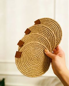 Handmade <b>Round</b> Jute <b>Table</b> <b>Mats</b> 300mm Bohemian Style Placemats With Pearl Center - Product Image 3