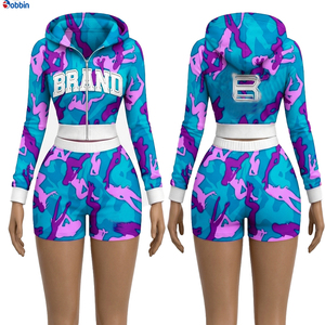 Conjunto Deportivo Corto de Verano para Mujer, Estilo Hip Hop, Color Rosa Camuflaje, 2 Piezas, Sudadera con Capucha y Pantalones Cortos, Manga Larga con Cierre, Ropa Deportiva Informal y Transpirable - Product Image 6