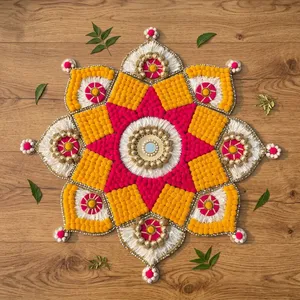 Tapis Rangoli traditionnel en métal fait main avec motif pompon rose, jaune et blanc pour la décoration de mariage et de festival - Product Image 6