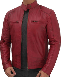 <b>Men's</b> Red PU Leather Moto Jacket Stand Collar Zipper Closure Regular Fit Solid Color Biker Style Autumn Wear - Product Image 3