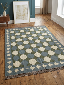 Tapis Kilim Géométrique Fait Main Govind Art, Rectangulaire, en Laine Écologique, Tufté à la Main, Poil Moyen, pour Salon, Inde, avec Support en Latex - Product Image 2
