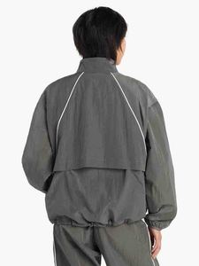 Veste de course coupe-vent grise pour homme, fermeture éclair, col montant, style sportif, polyester, vêtement d'automne, coupe régulière, couleur unie - Product Image 3