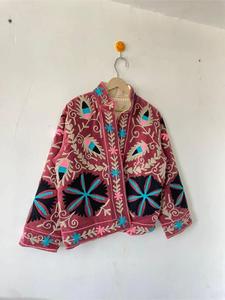 Premium Pink <b>Velvet</b> Suzani Embroidered <b>Jacket</b> with Floral Pattern Stand Collar Full Sleeves Boho Chic <b>Women's</b> Winter Coat - Product Image 6