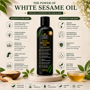 Huile de sésame blanche pour cheveux et peau |   Huile de sésame 100% pure et naturelle pour les soins des cheveux, le massage du cuir chevelu et la nutrition de la peau |   OEM Complet - Product Image 1