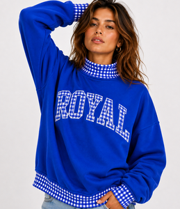 Wholesale Custom Women’s Turtleneck Pullover Sweatshirt Gingham Polka <b>Patchwork</b> Drop Shoulder Breathable Cotton <b>Top</b> - Product Image 6