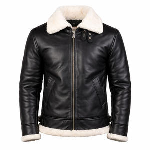 Veste aviateur en cuir véritable noir pour homme, style B3, col en fourrure, hiver, chaude, imperméable - Product Image 1