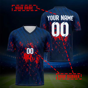 Maillot de tennis sublimé personnalisé pour homme, imprimé bleu foncé et rouge, respirant, en polyester, col en V, manches courtes, uniforme adulte - Product Image 6