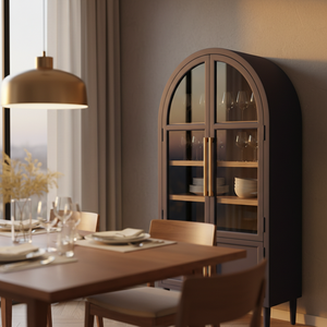 Vitrine rectangulaire en bois de caoutchouc, MDF, placage de chêne, écologique, portes à volets, 4 compartiments, meuble moderne pour salon - Product Image 2