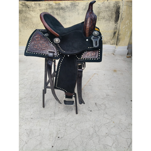 Selle de cheval anglaise noire de luxe, décorée à la main avec des motifs floraux, pour le cowboy, le ranch, la randonnée équestre, avec des accessoires décoratifs en acier inoxydable - Product Image 2