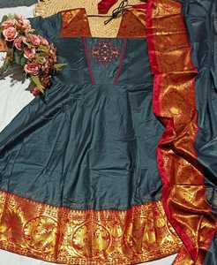 Women Ethnic Wear Traditional <b>Indian</b> Kanchi Cotton Kurtis Green With Orange Border Floor Length Wedding Wear Regular Fit - Product Image 6