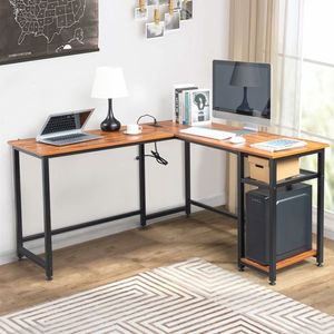 L-Shaped Tiger Wood Desktop Computer Desk with Power Outlets and Shelf - Product Image 3