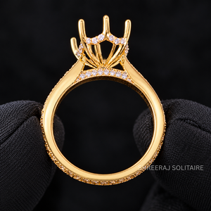 Monture de bague de fiançailles semi-montée personnalisée pour diamant ovale, en or jaune massif 14K 18K, gravée motif floral vintage, avec halo dissimulé, bijoux - Product Image 4