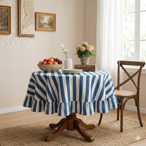 Nappe en coton imprimée à la main, rayures bleues et blanches, ourlet à volants, vendeur indien - Product Image 2