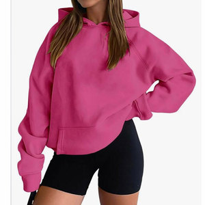 Sudadera con capucha corta verde para mujer, forro polar, hombros caídos, color liso, estilo chaqueta informal de otoño - Product Image 1