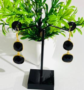 Pendientes de Piedras Preciosas Negras Naturales, Pendientes de Botón con Bisel Chapado en Oro, Joyería Elegante de Moda India para Mujer, para Novia, Boda - Product Image 1