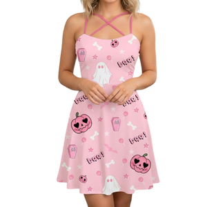 Robe d'été décontractée rose imprimée sans manches longueur genou pour femme, avec bretelles croisées au cou et motifs personnalisés uniques, collection 2025 - Product Image 1