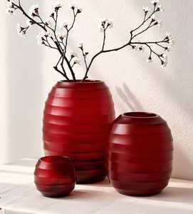 <b>Red</b> Glass <b>Vase</b> Set with Horizontal Ridges for Tabletop Decoration Minimalist Artistic Design - Product Image 1