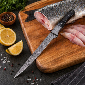 Custom Handmade Forged Fillet <b>Knife</b> in Damascus Steel with Ram Horn Handle and Leather Sheath-Eco-Friendly Dishwasher <b>Safe</b> - Product Image 1