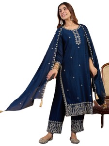 Traditional Women's Navy Blue Vichitra silk Salwar Kameez Set with Embroidery Dupatta Casual Daily Wear Loose Fit <b>Ankle</b> Length - Product Image 2