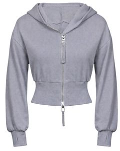 Womens Light Grey <b>Cropped</b> <b>Zip</b> <b>Up</b> Hoodie Slim Fit Long Sleeve Casual Streetwear Cotton Fleece Sweatshirt Custom Logo ODM Factory - Product Image 1
