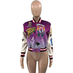 Vestes de baseball courtes en tissu de laine pour femmes, coupe-vent, respirantes, brodées, style shacket - Product Image 6