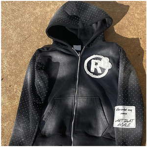 Fabricación OEM Personalizada de Alta Calidad, Chándal Holgado para Hombre con Estampado Serigrafiado, Lavado Ácido y Diamantes de Imitación - Product Image 3