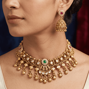 Conjunto de collar choker tradicional indio chapado en oro antiguo con aretes Jhumka con piedras de rubí y esmeralda - Product Image 4
