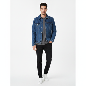 Custom Logo Men's Classic Blue <b>Denim</b> Jacket Casual Long Sleeve Slim Fit Button Down Jean <b>Coat</b> with Zipper Pockets Streetwear - Product Image 4