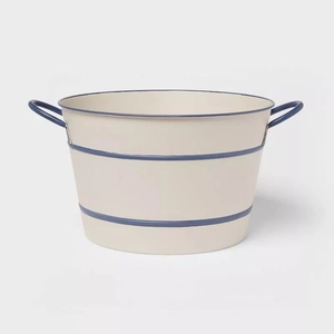 Antique Cream Galvanized Steel <b>Ice</b> Bucket With Blue Trim Accent Handles Rustic Farmhouse Party Wine Beer Beverage Tub Supply - Product Image 2