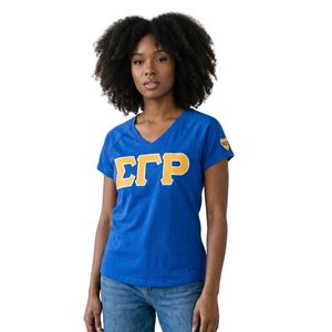 T-shirt unisexe bleu à col en V Sigma Gamma Rho, vêtement de sororité grecque, tee-shirt décontracté à manches courtes, streetwear universitaire imprimé sur mesure - Product Image 1