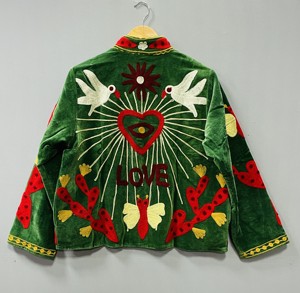 Green Suzani Velvet Embroidered Jacket With Floral And <b>Bird</b> Motifs Mandarin Collar Handmade Wool Winter Wear - Product Image 2