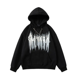 Sweat-shirt en coton tricoté pour homme, style hip-hop, avec imprimé flamme blanche sur la poche avant, coupe oversize, couleur noire, pour l'automne - Product Image 1