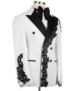 Chaqueta de esmoquin de diseñador para hombre, blanca y negra, de doble botonadura, bordada, con solapa en contraste, para novio y fiesta - Product Image 2
