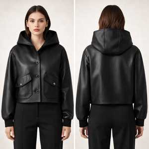 Veste bomber à capuche en cuir PU noir avec fermeture à boutons, manches longues, veste courte pour femme, style automne - Product Image 1