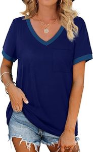 Women's V-Neck Short Sleeve T-Shirt Solid Color Loose Fit Casual <b>Top</b> With Pocket Spring Summer Wear - Product Image 5