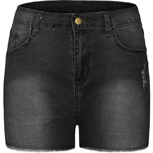 Shorts en jean taille mi-haute 100 % coton respirant, coupe slim, ourlet brut, déchiré, décontracté, pour femme - Product Image 2