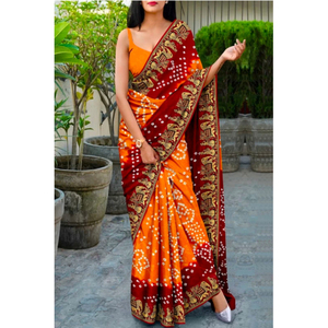 Sari Bandhani Hecho a Mano, Sari Bandhej de Seda Pura, Sari Étnico Tradicional para Bodas en India - Product Image 1