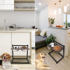 Adjustable Elevated Double Dog Bowl Stand with 2 Stainless Steel Feeding Bowls Wooden Top Raised Pet Food & Water Feeder for Dog - Product Image 5