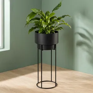 Jardinière moderne en métal noir avec support haut, pot de fleurs cylindrique blanc, élégant pour l'intérieur, l'extérieur, le jardin et la maison - Product Image 3